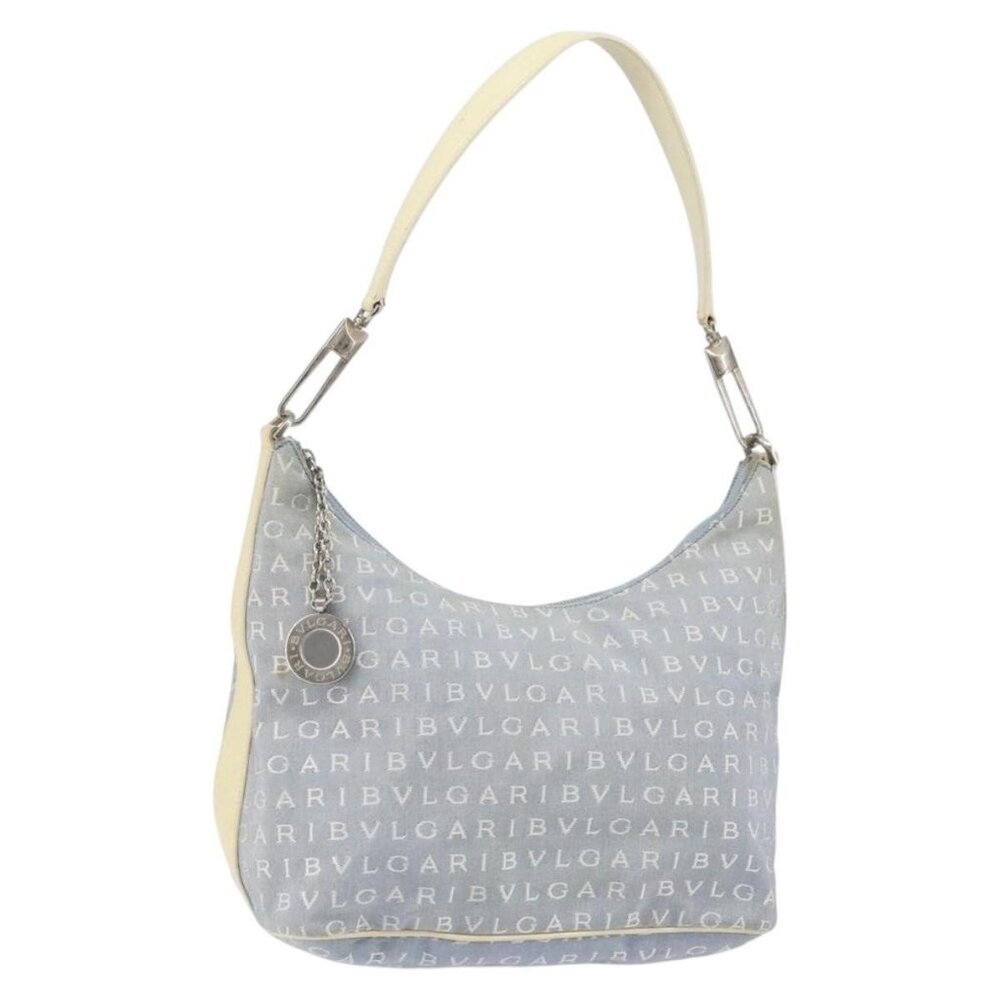 Authentic BVLGARI Logo Mania Shoulder Bag Canvas Light Blue Silver